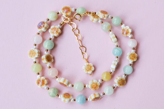 Jade Bloom Necklace - Handmade with Jade, Cultured Pearls & Glass Beads