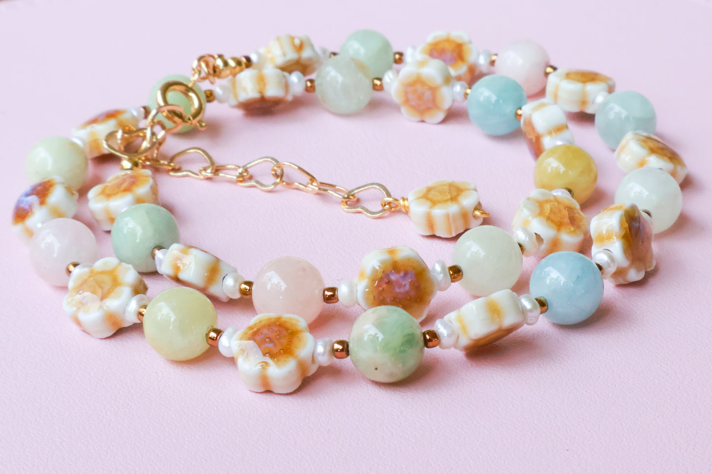 Jade Bloom Necklace - Handmade with Jade, Cultured Pearls & Glass Beads