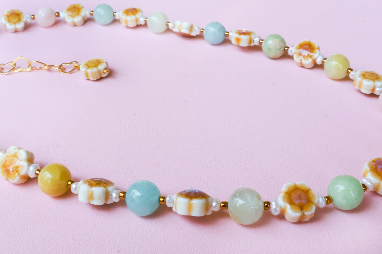 Jade Bloom Necklace - Handmade with Jade, Cultured Pearls & Glass Beads